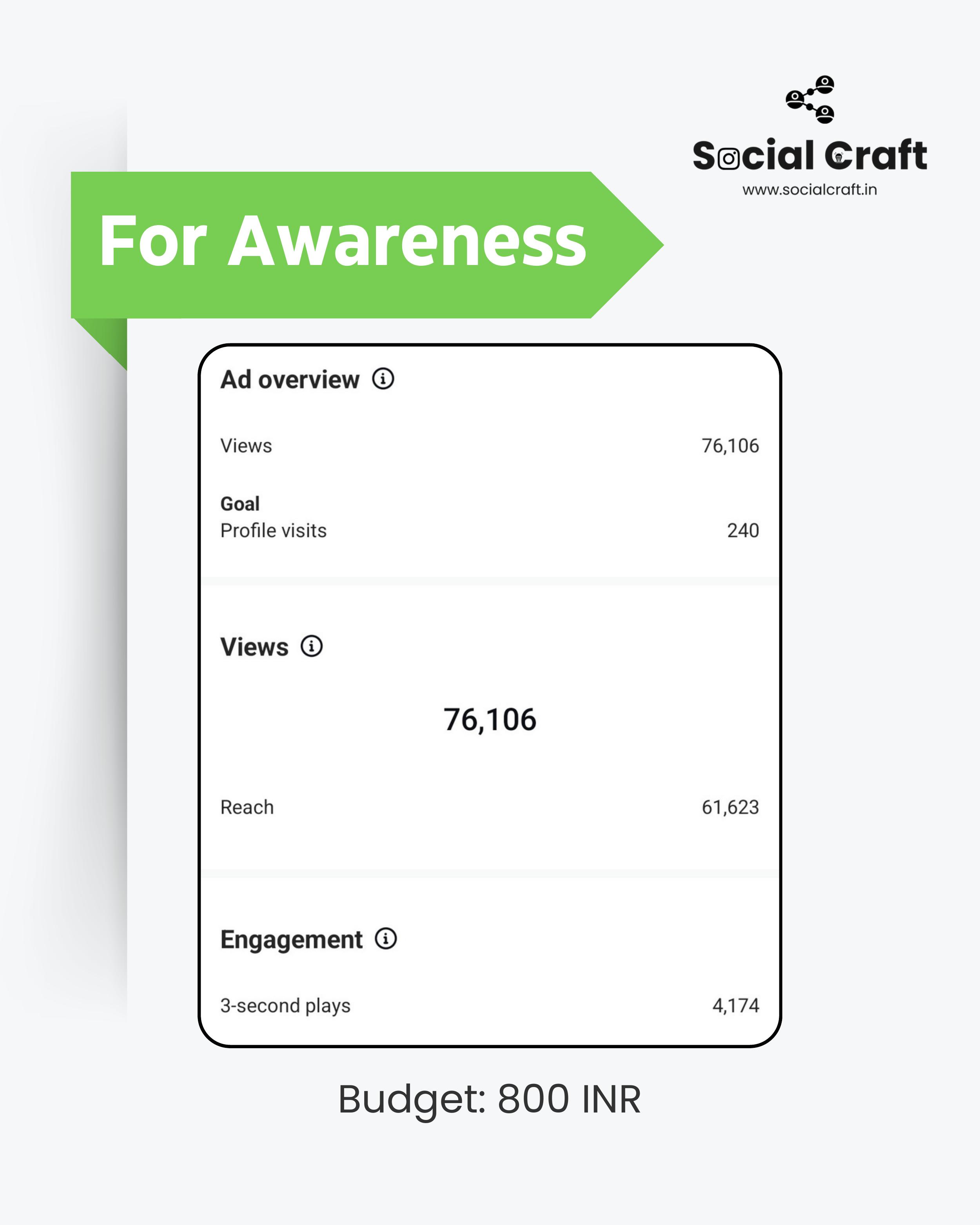 Social Craft ad campaign results for awareness, budget 800 INR